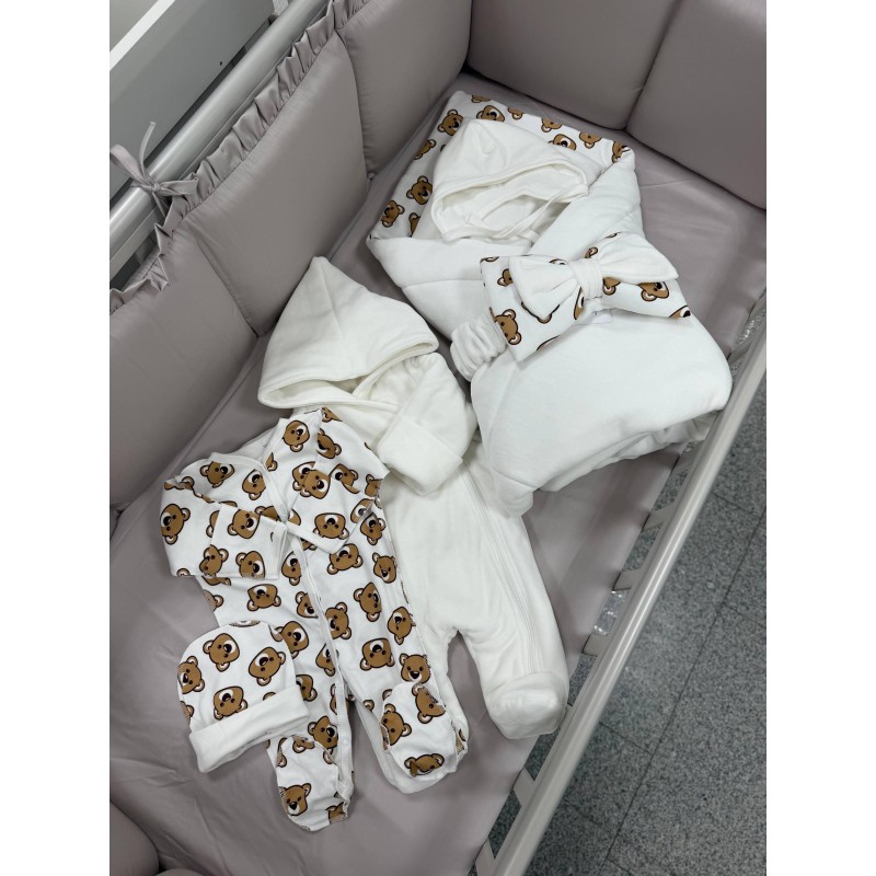 Комплект на выписку из роддома 6 предметов Bunnyphant цвет: молочный + мишки шоколадные 0321