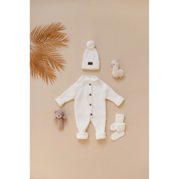 Детский вязаный набор: комбинезон +шапочка+носочки 56-68 см цвет: молочный В059