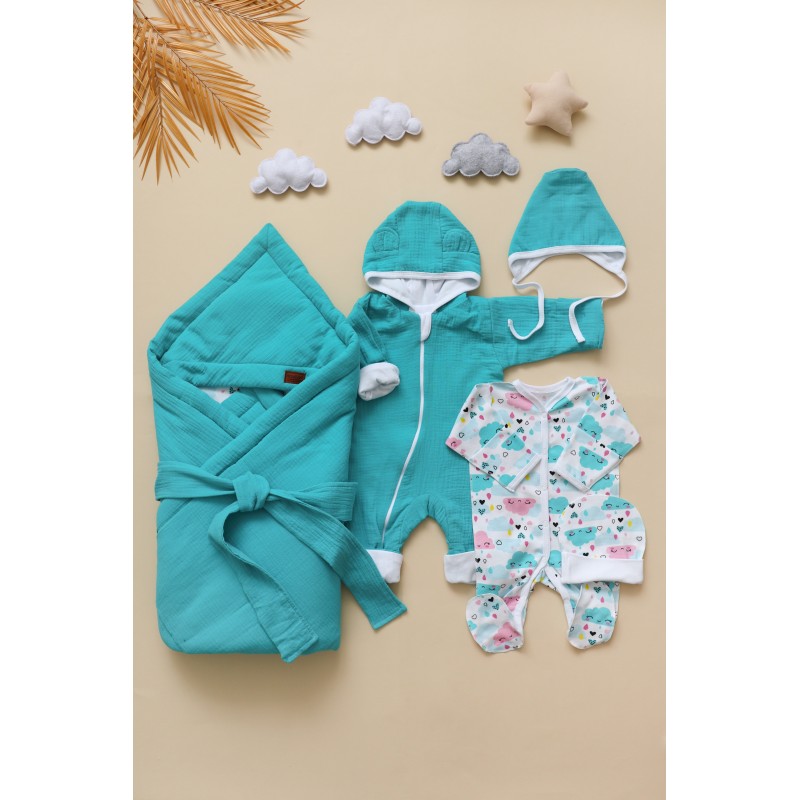 Муслиновый комплект на выписку и прогулки 6 предметов цвет: бирюзовый 0317