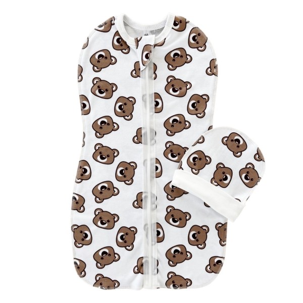 Пеленка-кокон на молнии с шапочкой 62-68 см принт: мишки Teddy шоколадные Т-007