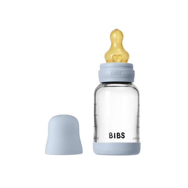 Стеклянная бутылочка Bibs 120 мл с латексной соской цвет: baby blue