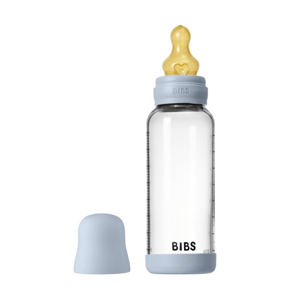 Стеклянная бутылочка Bibs 240 мл с латексной соской цвет: baby blue