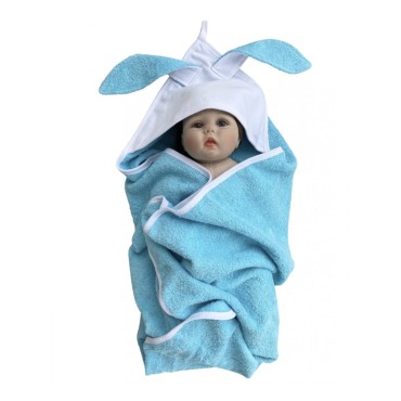 Детская банная пеленка с капюшоном -уголком "Ушастик зайка " махра 80*85 см цвет: мята 044/У