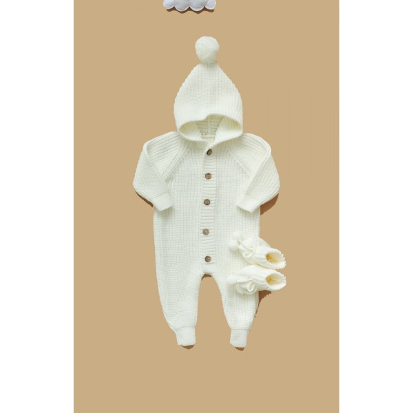 Вязаный детский комбинезон с капюшоном 56-68 см цвет: молочный В064