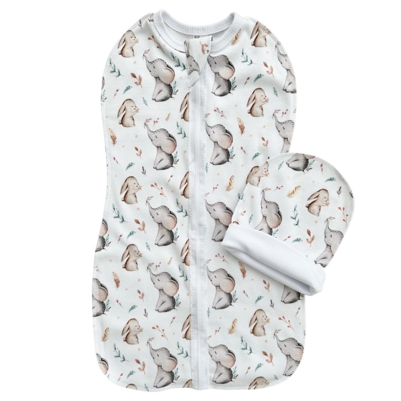 Пеленка-кокон на молнии с шапочкой 68-74 см принт: слоники и зайки Т-007