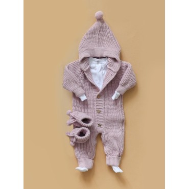 Вязаный детский комбинезон с капюшоном 56-68 см цвет: сиреневый В064 Вязаный детский комбинезон с капюшоном 56-68 см цвет: сиреневый В064