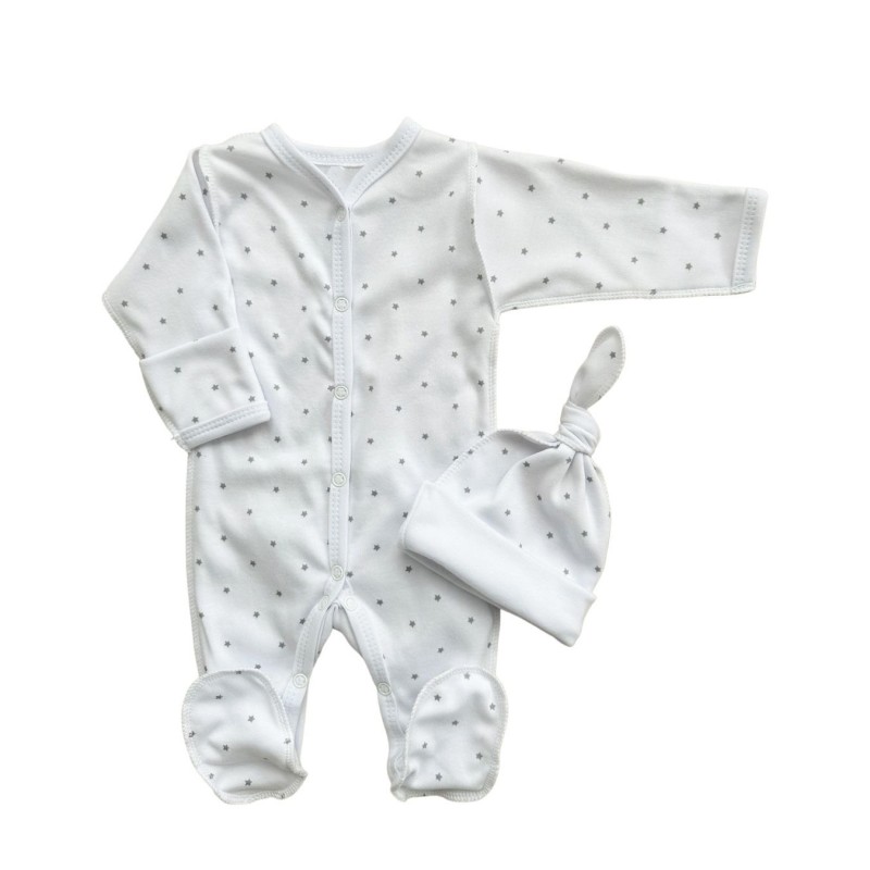 Комплект: Слип на кнопках + шапочка-узелок со швами наружу 50 см Newborn "Серые маленькие звездочки" Т-097