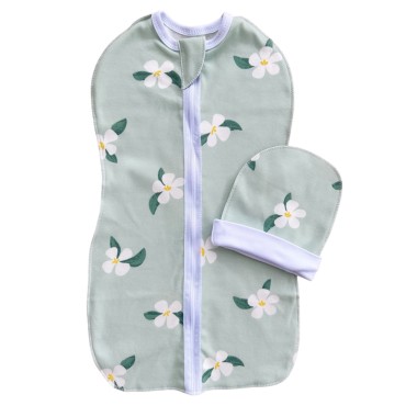 Пеленка-кокон на молнии с шапочкой 56-62 см принт: цветочки на мятном Т-007