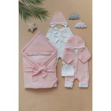 Муслиновый комплект на выписку и прогулки 6 предметов цвет: розовый 0317