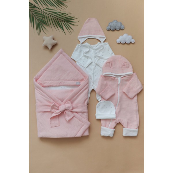Муслиновый комплект на выписку и прогулки 6 предметов цвет: розовый 0317