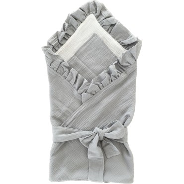 Муслиновый двусторонний плед-конверт с рюшей 100*100 см цвет: серый / белый П-066