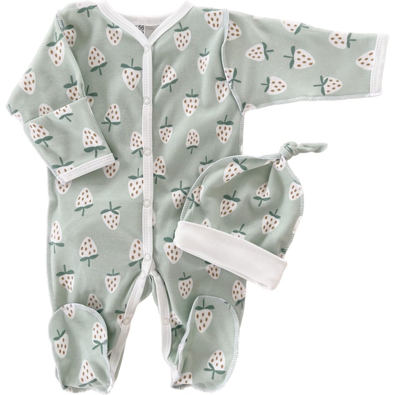 Комплект: Слип на кнопках + шапочка-узелок со швами наружу 56-62 см " Клубнички " Т-097