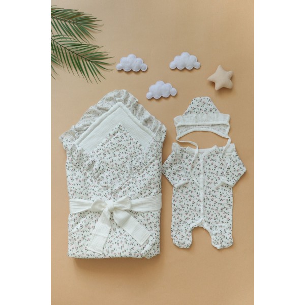 Муслиновый комплект на выписку и прогулки 4 предмета цвет: розочки 0404/молочно-зеленый