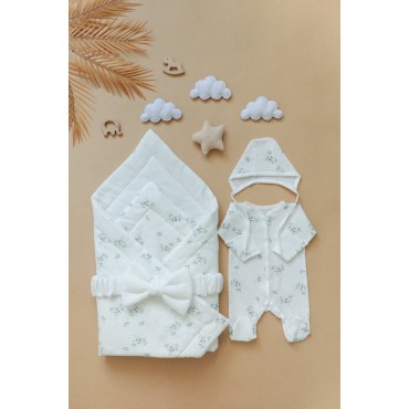 Муслиновый комплект на выписку и прогулки 4 предмета цвет: белые цветочки 0387