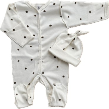 Комплект: Слип на кнопках + шапочка-узелок со швами наружу 50 см Newborn "Звездочки монохром" Т-097