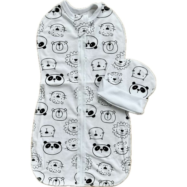 Пеленка-кокон на молнии с шапочкой 56-62 см принт: пандочки и львята Т-007