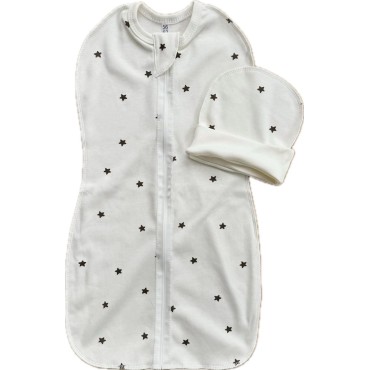 Пеленка-кокон на молнии с шапочкой 50-56 см принт: звездочки монохром Т-007