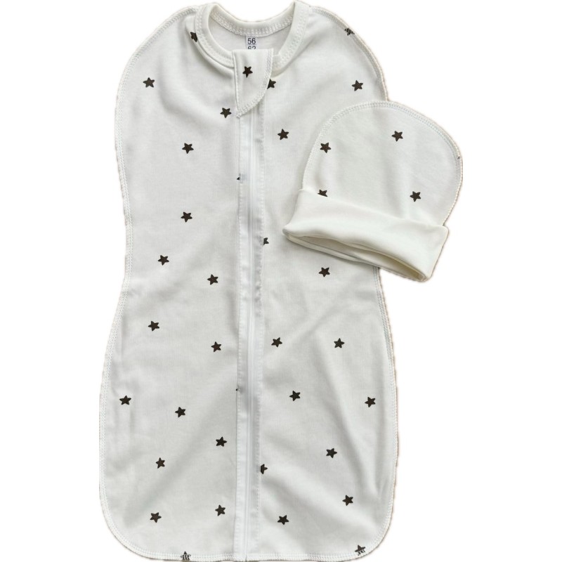 Пеленка-кокон на молнии с шапочкой 50-56 см принт: звездочки монохром Т-007 Пеленка-кокон на молнии с шапочкой 50-56 см принт: звездочки монохром Т-007