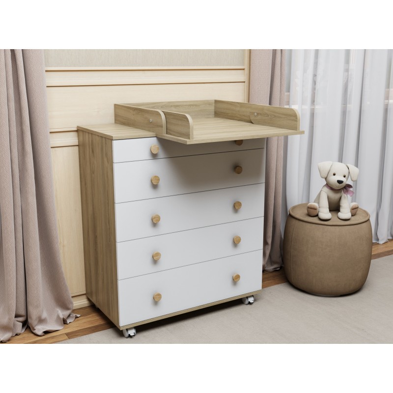 Комод пеленальный Lunna Teddy Lite с колесами на 5 ящиков + пеленальная зона цвет: дуб/белый
