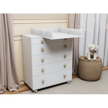 Комод пеленальный Lunna Teddy LITE с колесами на 5 ящиков + пеленальная зона цвет: белый