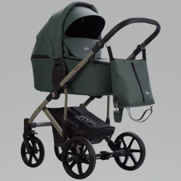 Коляска детская 2 в 1 Bjoy Mia кожа цвет: зеленая на оливковой раме 06