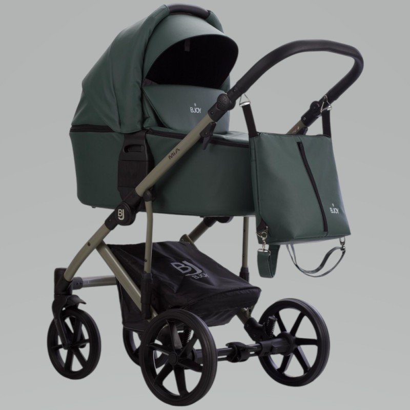 Коляска детская 2 в 1 Bjoy Mia кожа цвет: зеленая на оливковой раме 06