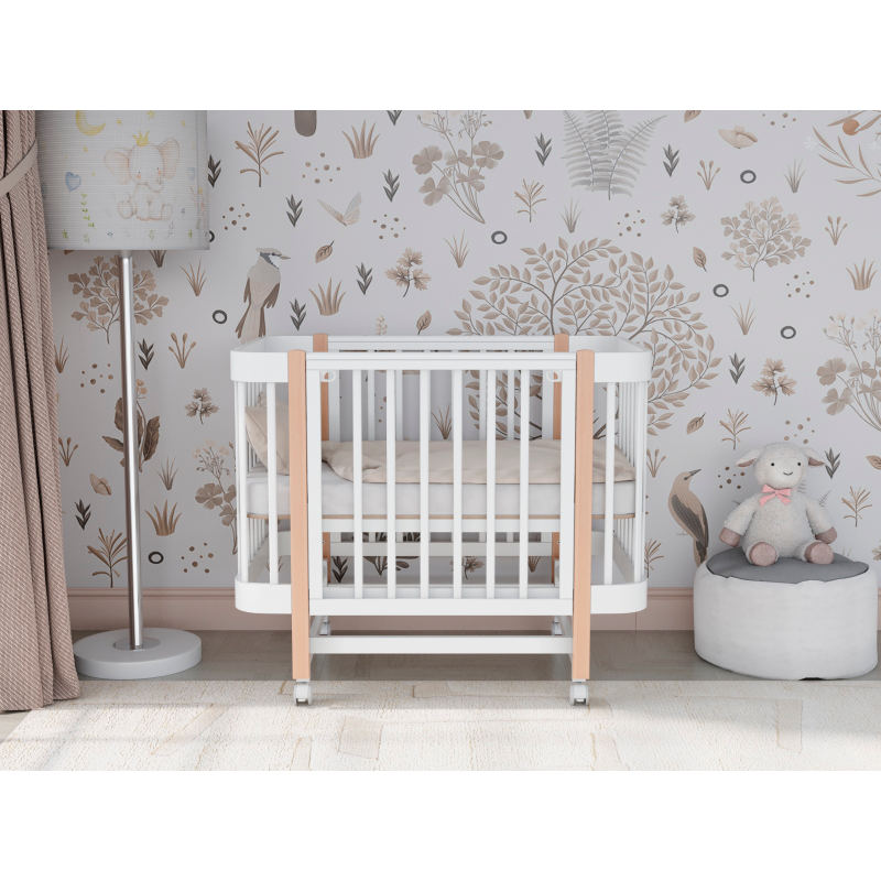 Кроватка детская  Mimi с маятником и колесами + быстросъемная стенка цвет: белый/бук