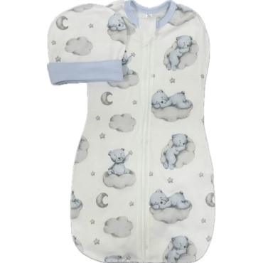Пеленка-кокон на молнии с шапочкой 50-56 см принт: мишки на облаках Т-007