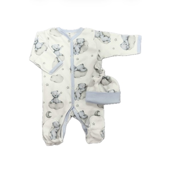 Комплект: Слип на кнопках + шапочка-узелок со швами наружу 50 см Newborn "Мишки на облаках" Т-097