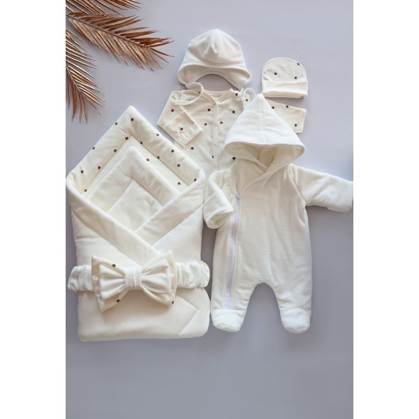 Комплект на выписку из роддома 6 предметов Bunnyphant цвет: молочный + звездочки монохром 0321