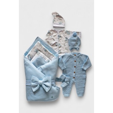 Комплект на выписку из роддома 8 предметов "ALPACA" цвет: нежно-голубой / мишки на облаках 0363