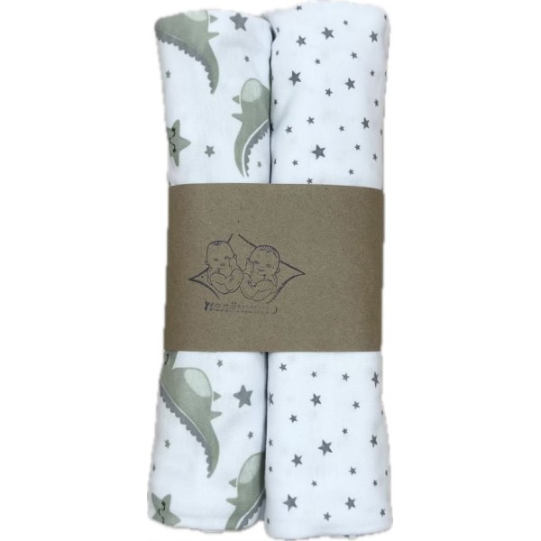 Набор трикотажных пеленок 2 шт 90 х 100 см цвет: серые звезды / дино зеленые TE 3002