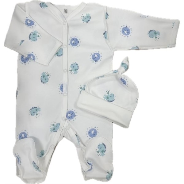 Комплект: Слип на кнопках + шапочка-узелок со швами наружу 50 см Newborn "Дино и луна" Т-097