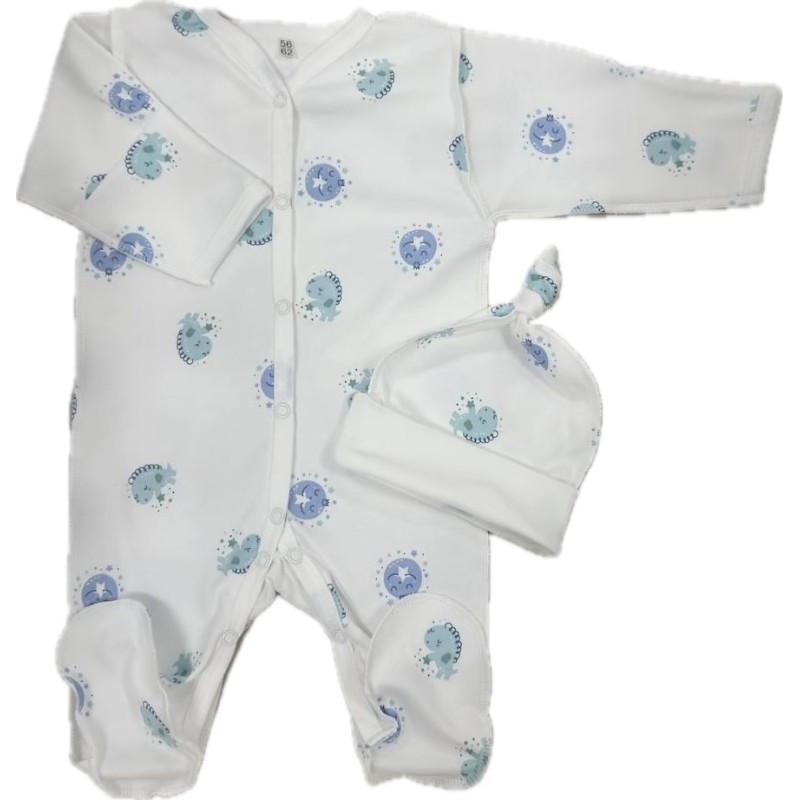 Комплект: Слип на кнопках + шапочка-узелок со швами наружу 50 см Newborn "Дино и луна" Т-097