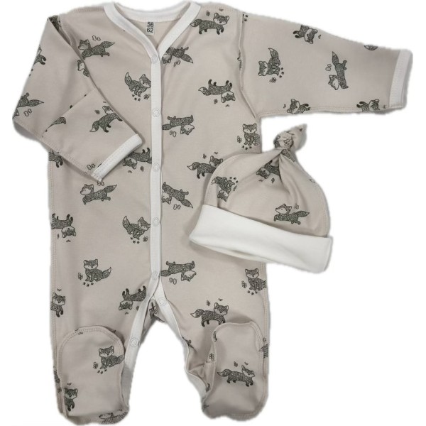 Комплект: Слип на кнопках + шапочка-узелок со швами наружу 50 см Newborn "Лисички" Т-097