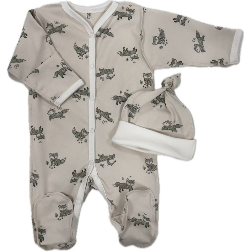 Комплект: Слип на кнопках + шапочка-узелок со швами наружу 50 см Newborn "Лисички" Т-097
