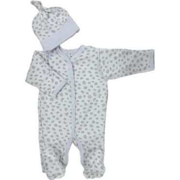 Комплект: Слип на кнопках + шапочка-узелок со швами наружу 50 см Newborn  "Пятнышки серые маленькие" Т-097