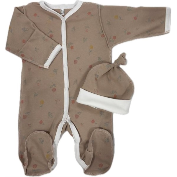 Комплект: Слип на кнопках + шапочка-узелок со швами наружу 50 см Newborn "Цветы на капучино" Т-097