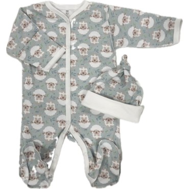 Комплект: Слип на кнопках + шапочка-узелок со швами наружу 50 см Newborn "Барашки на ментол" Т-097