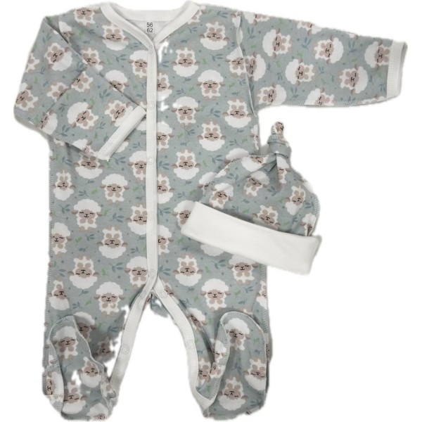 Комплект: Слип на кнопках + шапочка-узелок со швами наружу 50 см Newborn "Барашки на ментол" Т-097