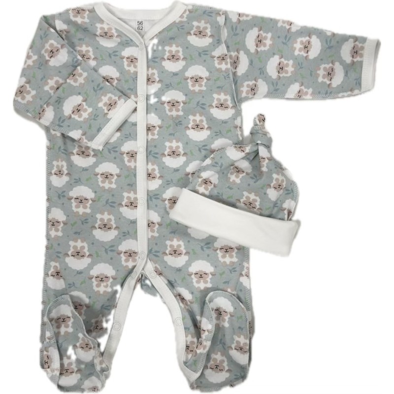 Комплект: Слип на кнопках + шапочка-узелок со швами наружу 50 см Newborn "Барашки на ментол" Т-097