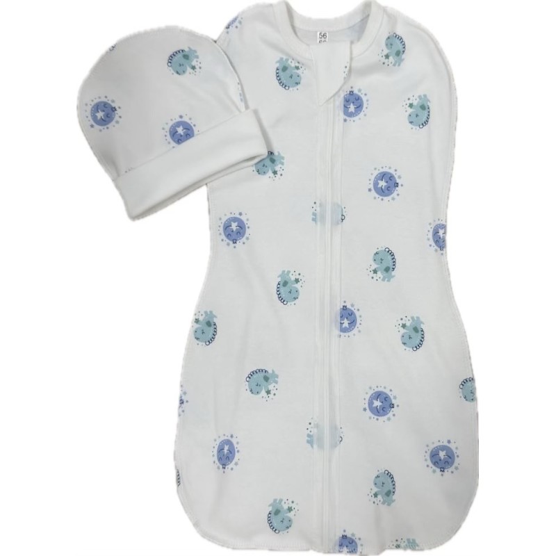 Пеленка-кокон на молнии с шапочкой 50-56 см принт: дино и луна Т-007 Пеленка-кокон на молнии с шапочкой 50-56 см принт: дино и луна Т-007