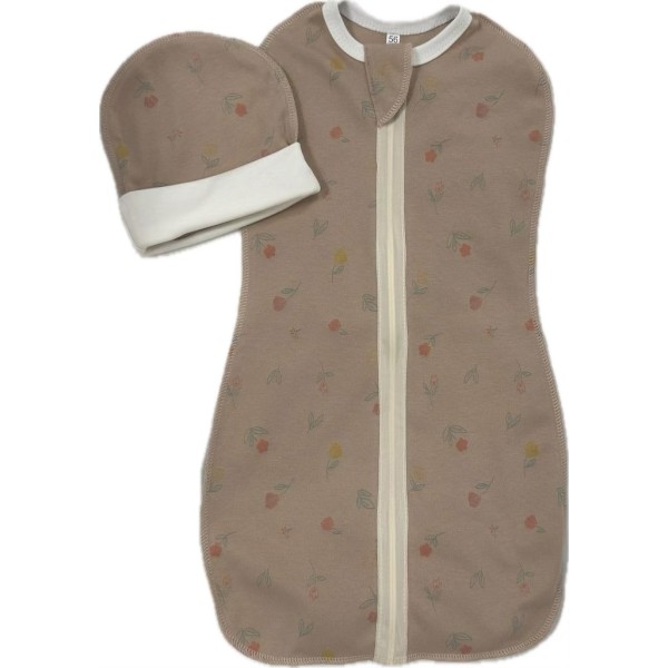 Пеленка-кокон на молнии с шапочкой 56-62 см принт: цветы на капучино Т-007 Пеленка-кокон на молнии с шапочкой 56-62 см принт: цветы на капучино Т-007