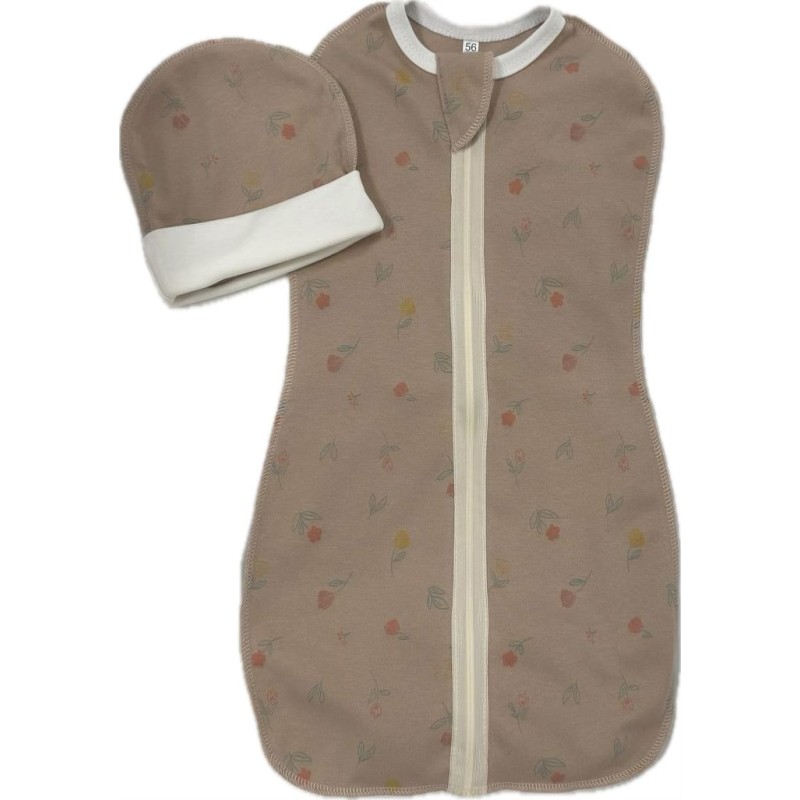 Пеленка-кокон на молнии с шапочкой 56-62 см принт: цветы на капучино Т-007