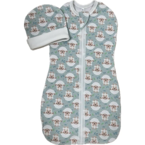 Пеленка-кокон на молнии с шапочкой 56-62 см принт: барашки на ментол Т-007