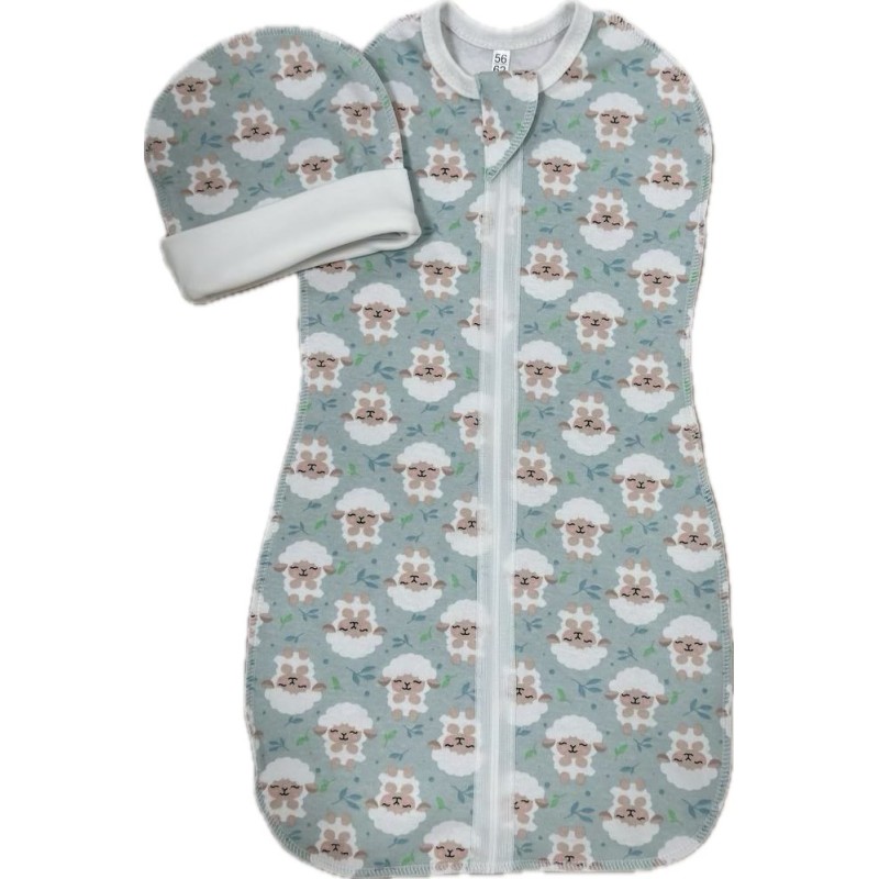 Пеленка-кокон на молнии с шапочкой 56-62 см принт: барашки на ментол Т-007