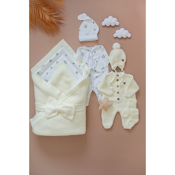 Комплект на выписку из роддома 8 предметов "ALPACA" цвет: молочный / хлопок 0363