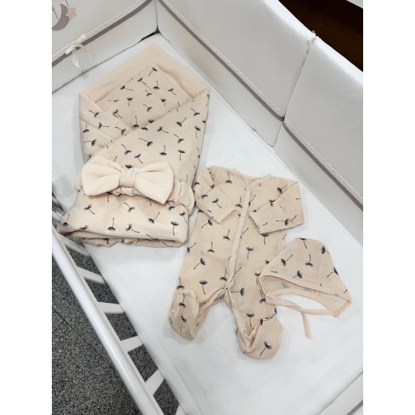 Муслиновый комплект на выписку и прогулки 4 предмета цвет: одуванчики бежевый 0387