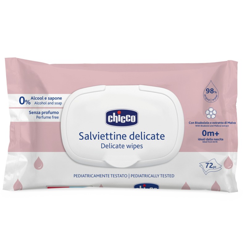 Салфетки влажные очищающие без отдушки 0+ 72 шт. с клапаном Chicco