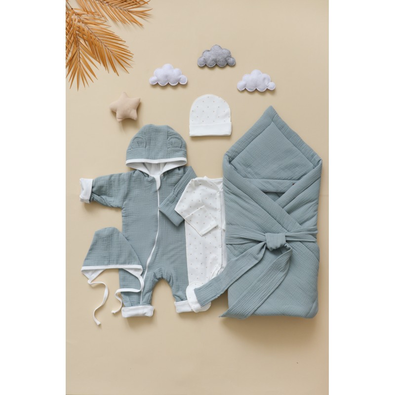 Муслиновый комплект на выписку и прогулки 6 предметов цвет: морская волна 0317
